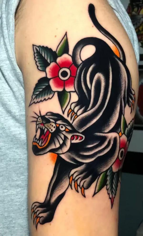 draketattoo:panther-and-rose-panther-panther-tattoo-rose-rose-tattoo- traditional-panther-head-traditional-tattoo-inner-arm-ryan-drake-ryan-drake- tattoo