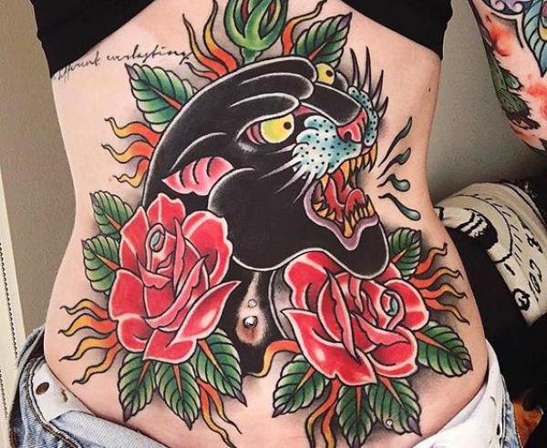 American traditional panther with roses stomach tattoo