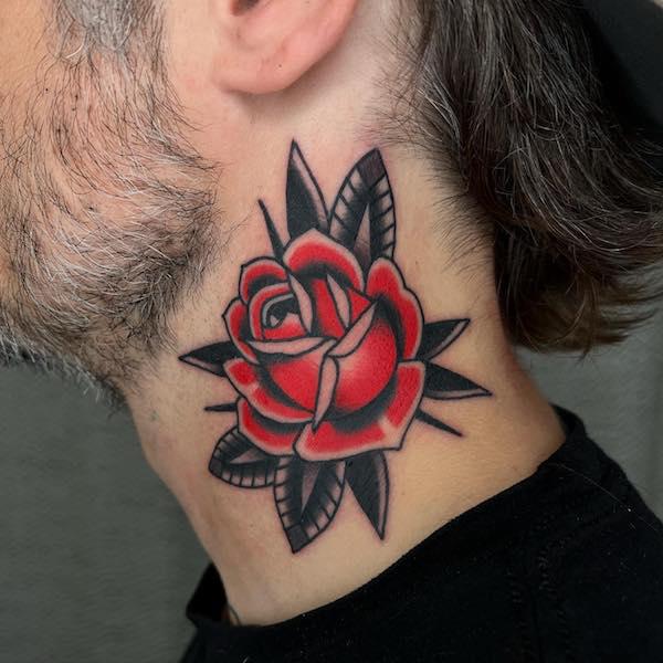 American traditional rose neck tattoo on neck
