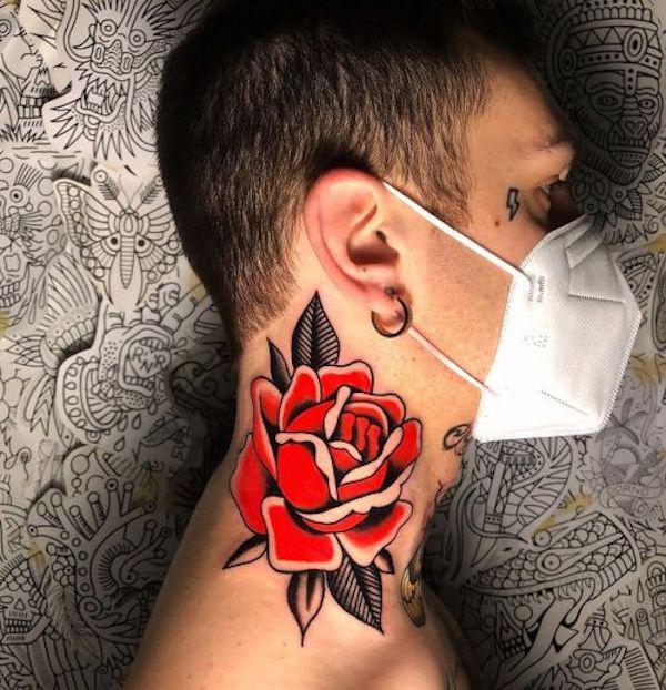 American traditional rose neck tattoo