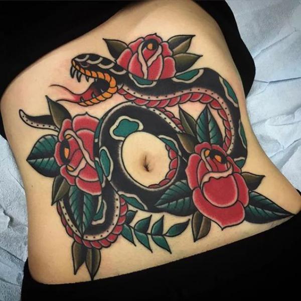 American traditional roses and snake stomach tattoo