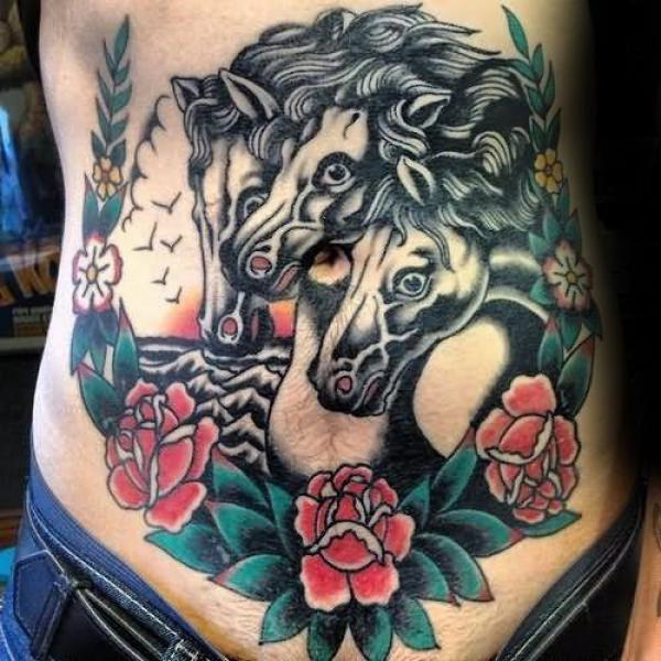 American traditional three horses and roses abdomen tattoo