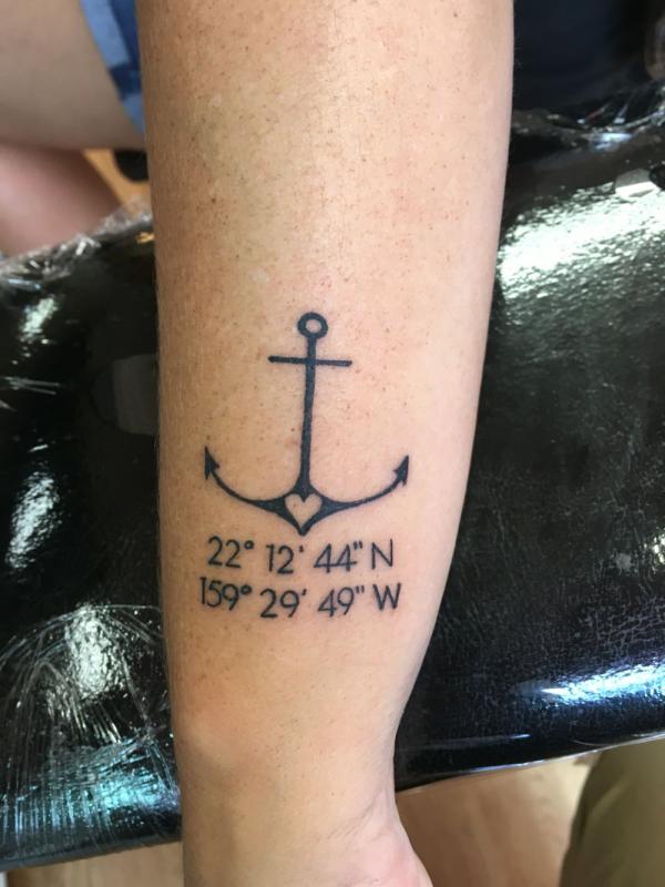 Anchor love with coordinates tattoo