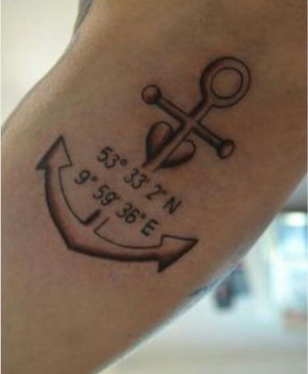 Anchor with love and coordinates tattoo