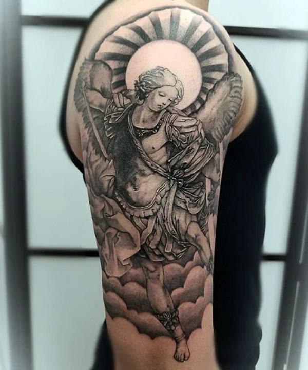 Angel michael half sleeve tattoo