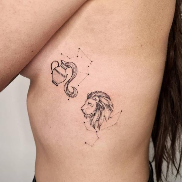 Aquarius water bearer and Leo lion with constellation side tattoo