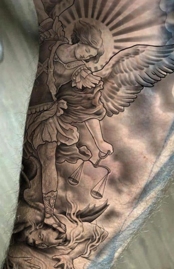 Archangel Michael and the Scales of Justice with halo tattoo
