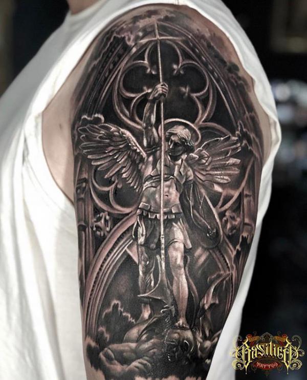 Archangel michael defeating satan tattoo half sleeve