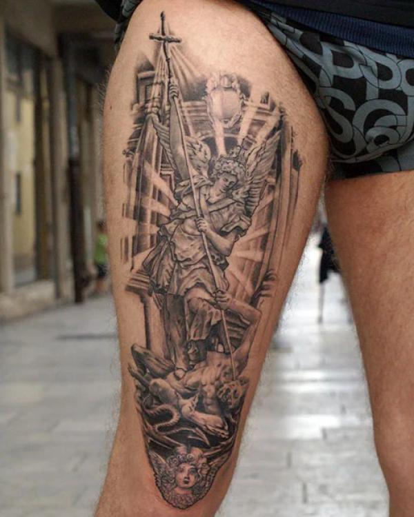 Archangel michael fighting lucifer leg tattoo