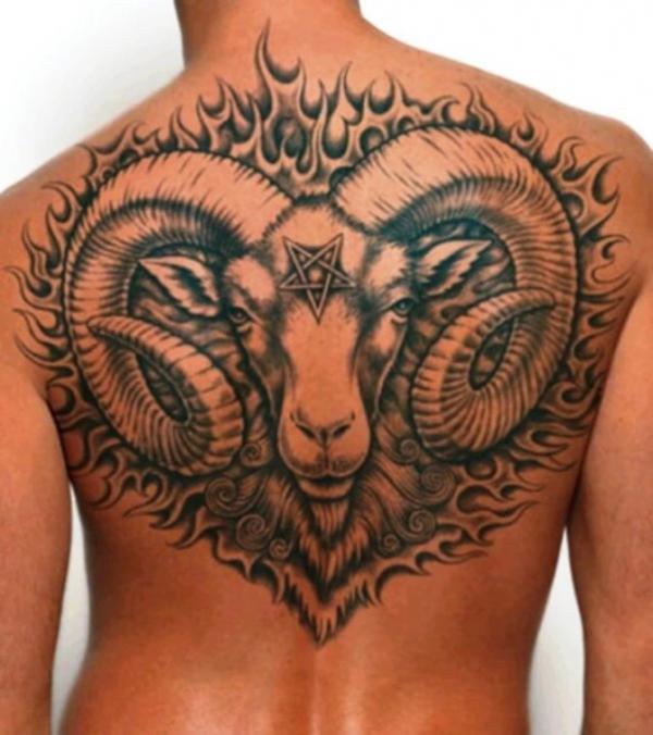 Aries Ram and fire back tattoo for man