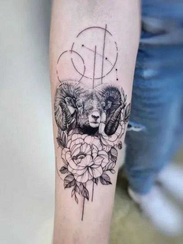 Aries Ram and peony tattoo