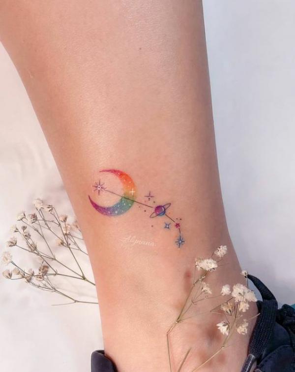Aries constellation with moon and stars tattoo