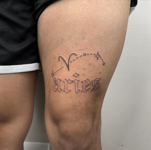 Aries glyph and constellation lettering tattoo