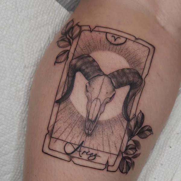Aries ram skull card tattoo