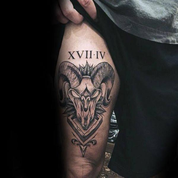 Aries ram with Roman numerals front thigh tattoo