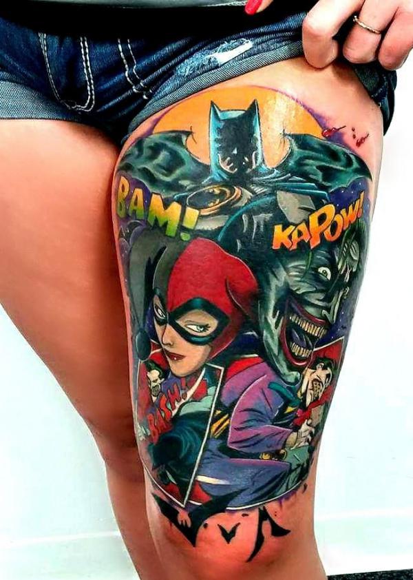 Batman Harley Quinn and Joker thigh tattoo
