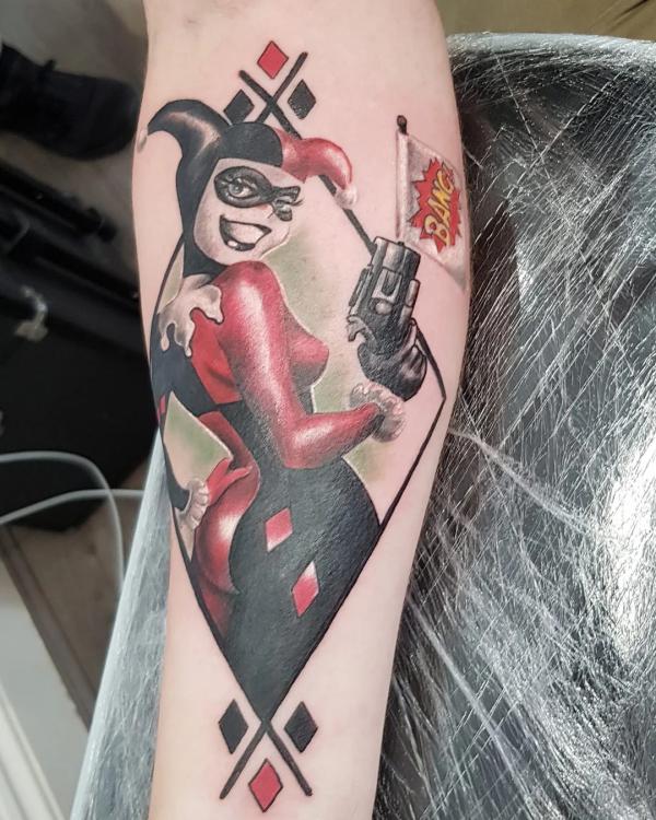 Batman Harley Quinn with gun tattoo