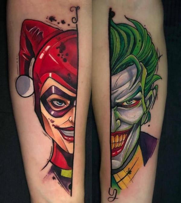 Batman Harley quinn and Joker leg tattoo