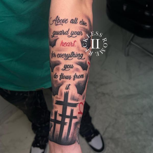 Bible verse proverbs 4 23 tattoo forearm