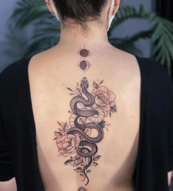 Black and grey rose and snake with moon tattoo