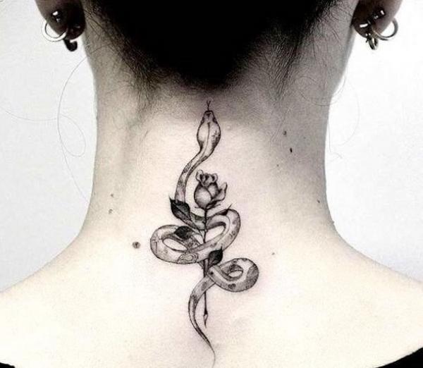 Black and grey rose with snake nape tattoo