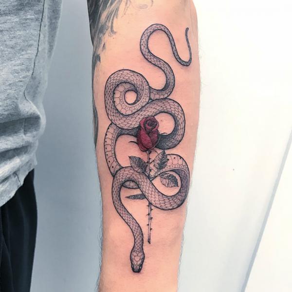 Black and grey snake with small rose forearm tattoo