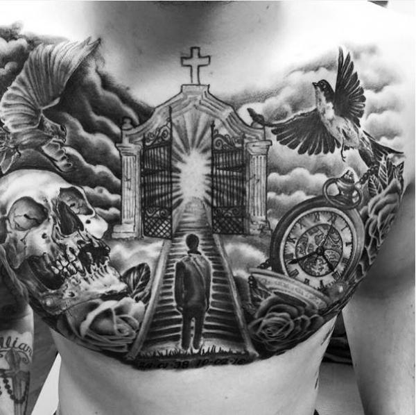 Black and grey staircase to heaven with pocket watch and skull chest tattoo