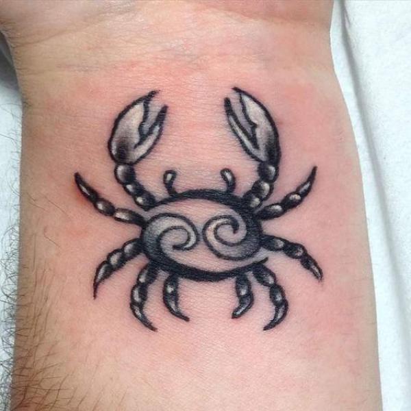 Black and white Zodiac cancer wrist tattoo