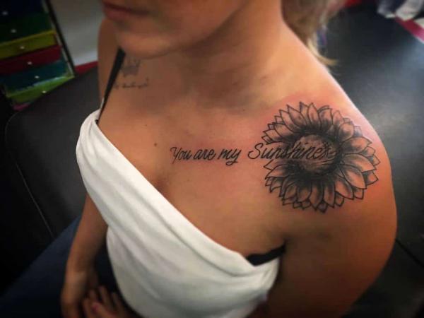 Black and white sunflower you are my sunshine shoulder tattoo