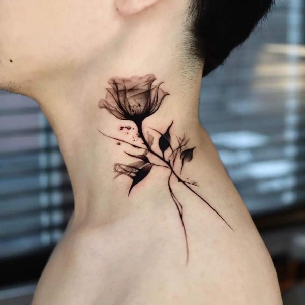 Black ink watercolor rose neck tattoo