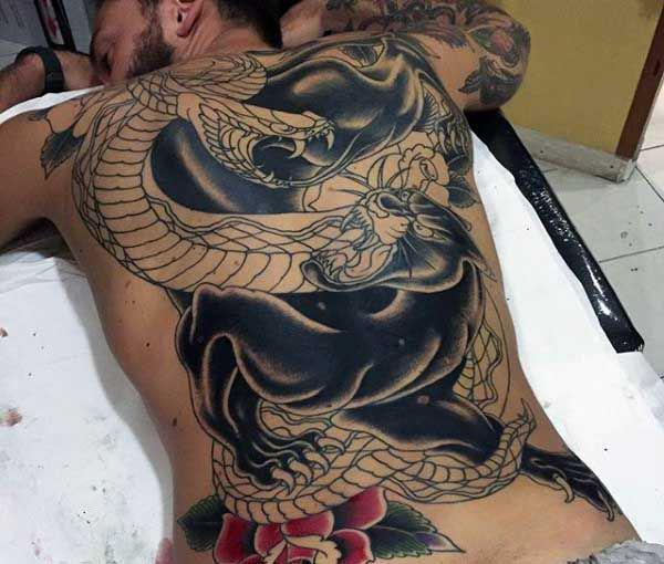 Black panther and dragon line work tattoo full back