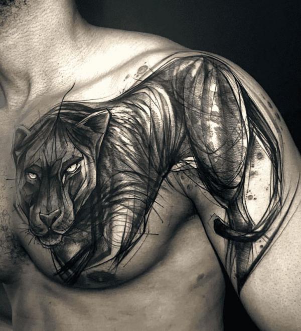Black panther sketch tattoo on chest for men