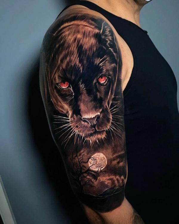 Black realistic panther and moon half sleeve tttoo