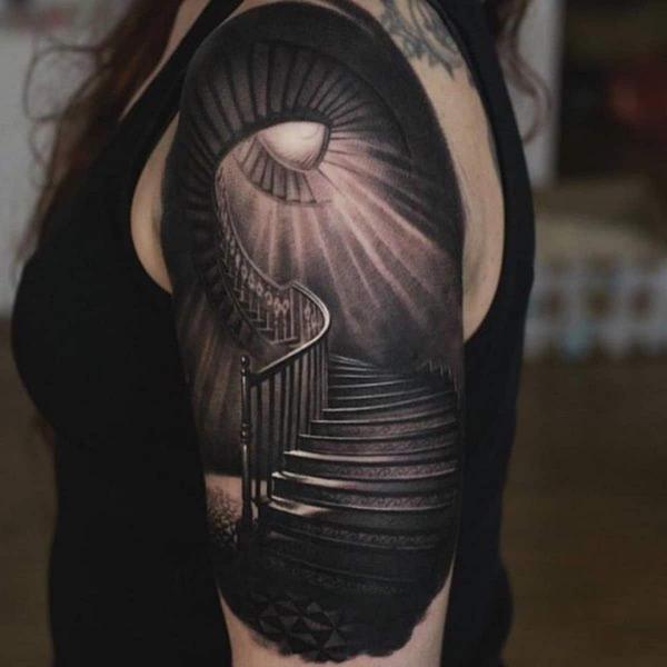 Blackwork Staircase to heaven tattoo half sleeve
