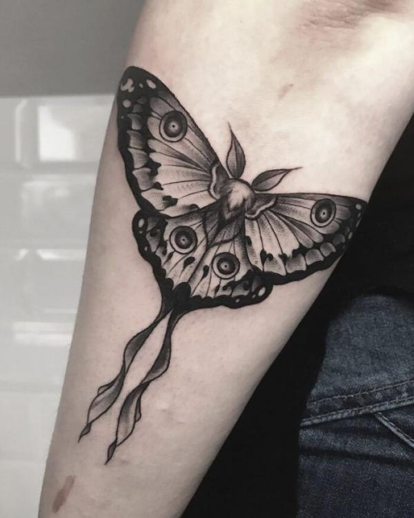 Blackwork luna moth tattoo forearm