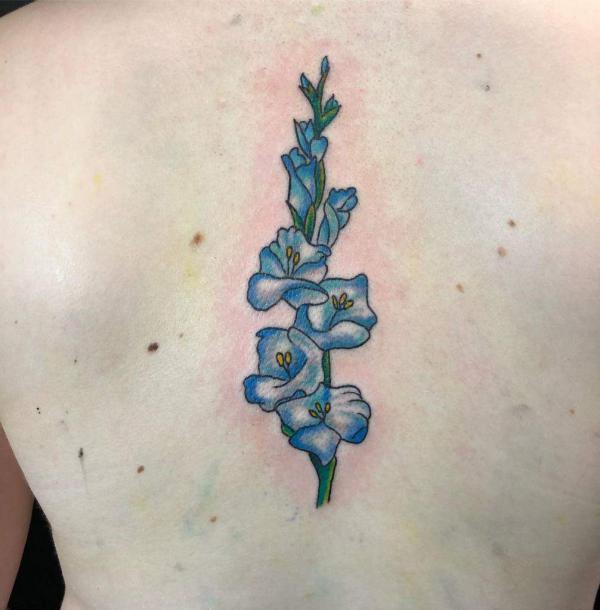 Blue Gladiolus Flower Back Tattoo