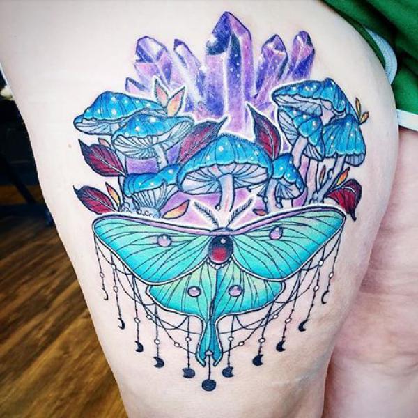 Blue luna moth with mushrrom and crystal thigth tattoo