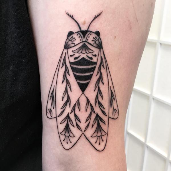 Botanical cicada with leaves tattoo