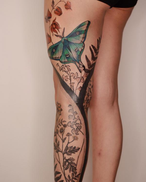 Botanical luna moth leg tattoo