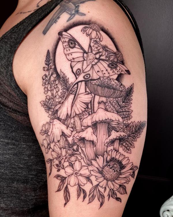 Botanical sunflower fern and mushroom with luna moth and moon tattoo