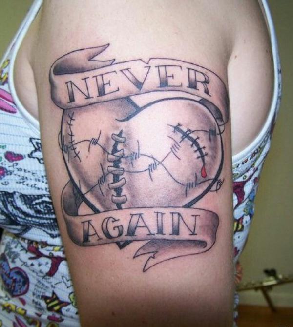 Broken heart with stitches and words Never Again