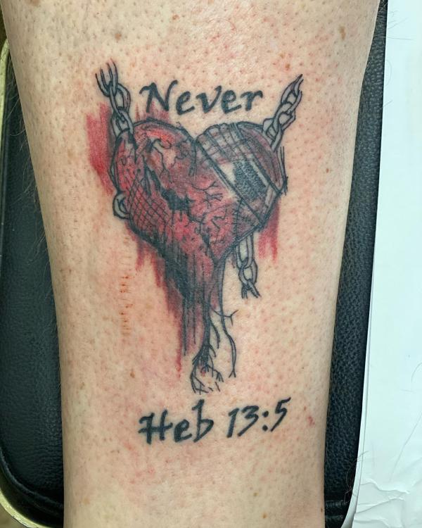 Broken heart with words Never Heb 13 5