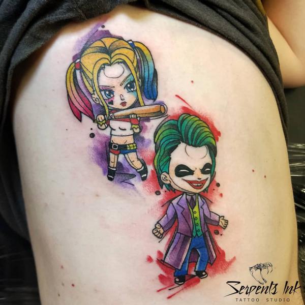Cartoon Harley Quinn and Joker tattoo