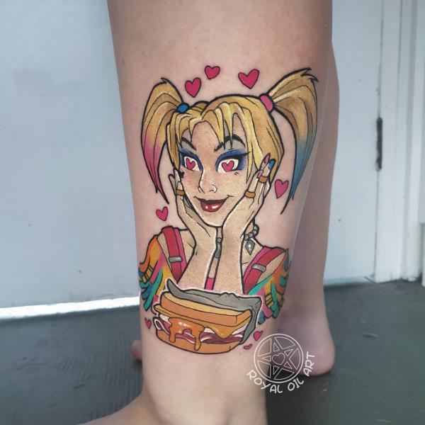 Cartoon Harley Quinn with burger and love symbols tattoo