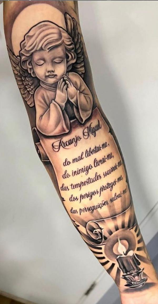 Cherub and Prayer for Saint Michael tattoo