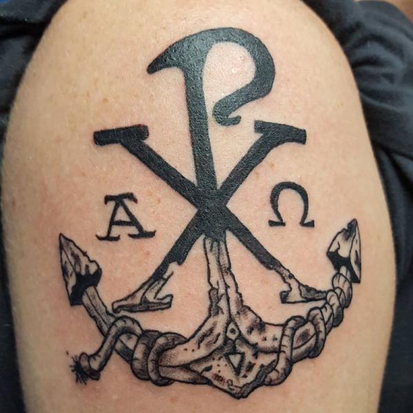 Chi Rho anchor shoulder tattoo