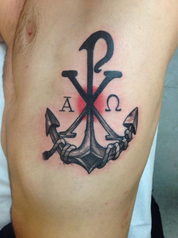 Chi Rho anchor side tattoo