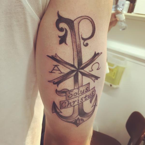 Chi Rho anchor tattoo with name