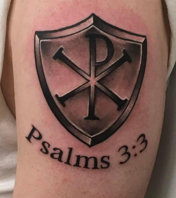 Chi Rho shield tattoo with words Psalms 3 3