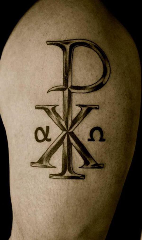 Chi Rho upper arm tattoo